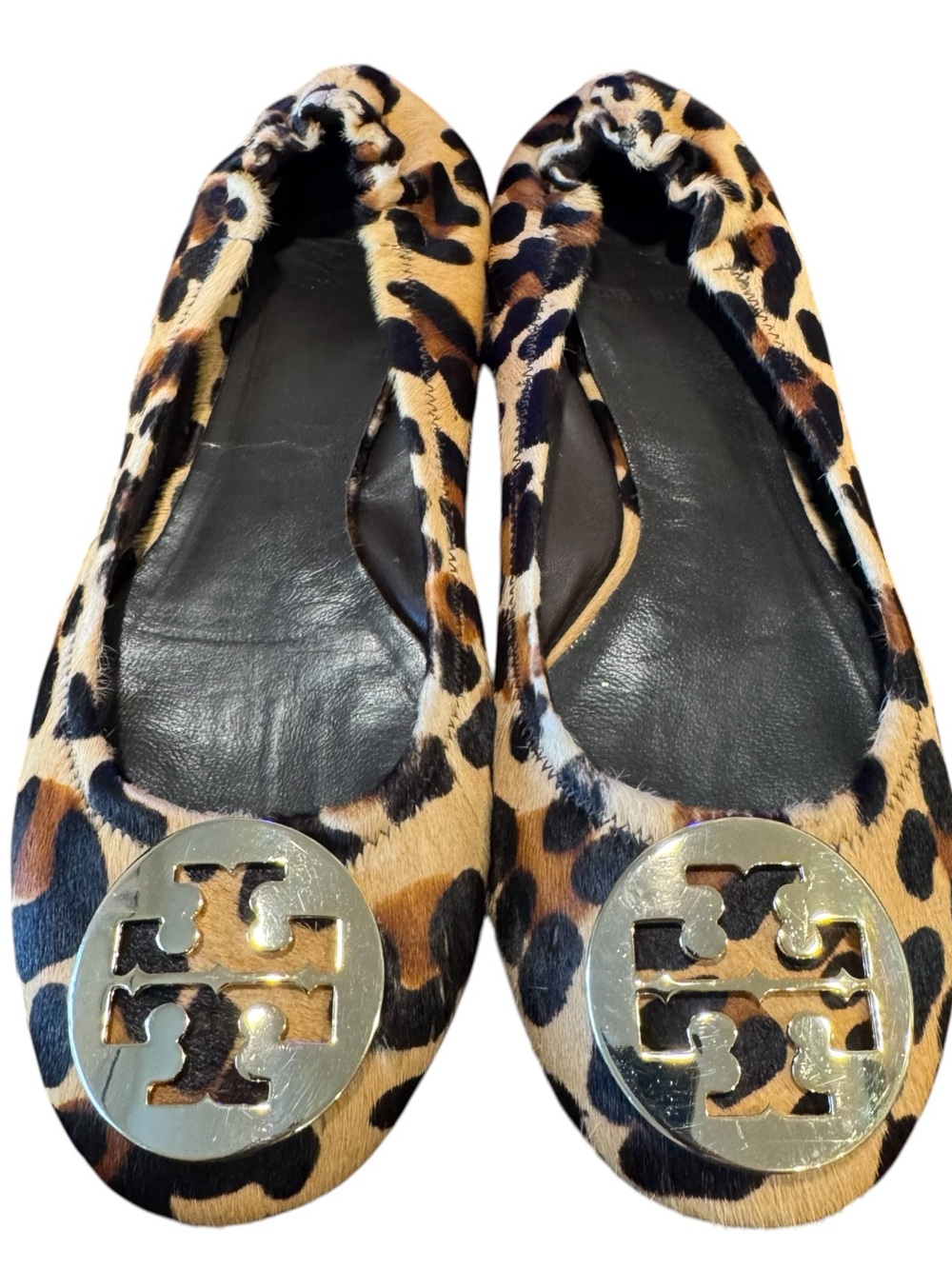 Tory Burch Designer Cheetah Calf Hair Reva Ballet Flats Size 8 Gold Hardware